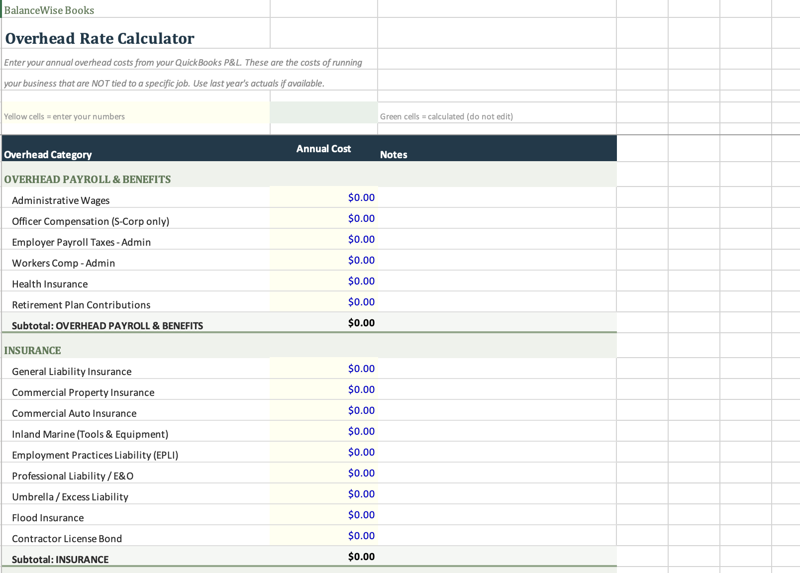 Overhead Rate Calculator spreadsheet preview